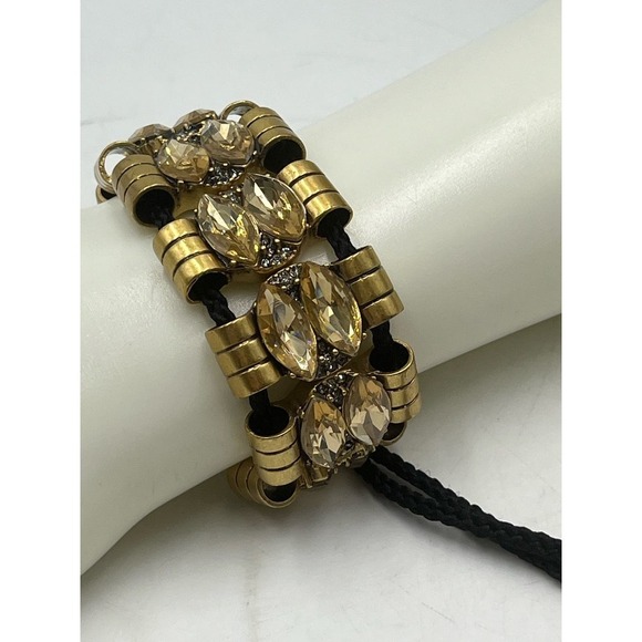 J. Crew Amber Color Rhinestone Gold Tone Black Toggle Adjustable Bracelet - Picture 1 of 14